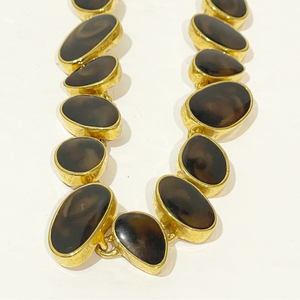 ANNE KLEIN Statement Necklace Goldtone Brown Animal‎ Print Linked 15.5-17" - Picture 2 of 4